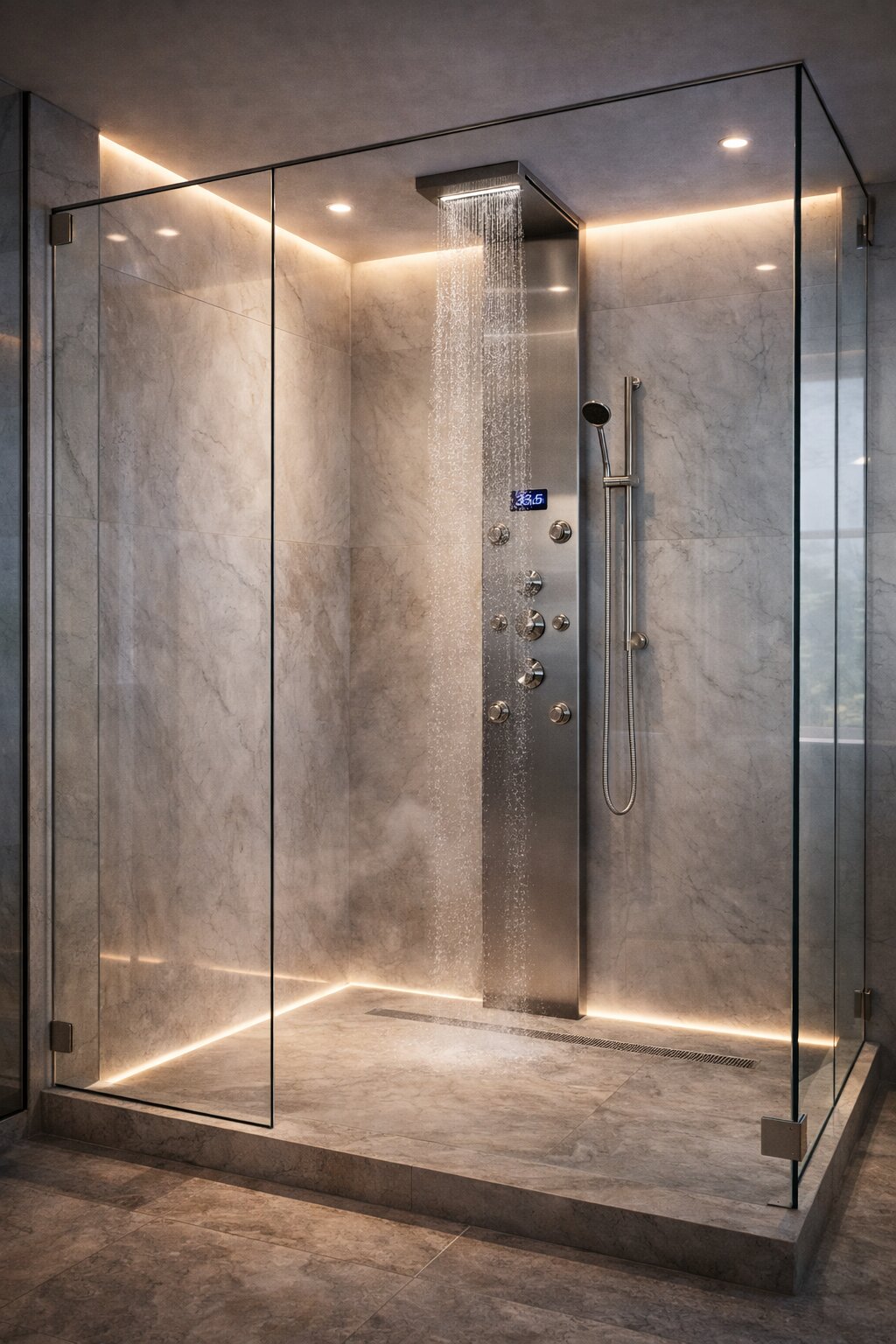 Architectural bathroom interior showing a minimal wall-mounted shower panel design