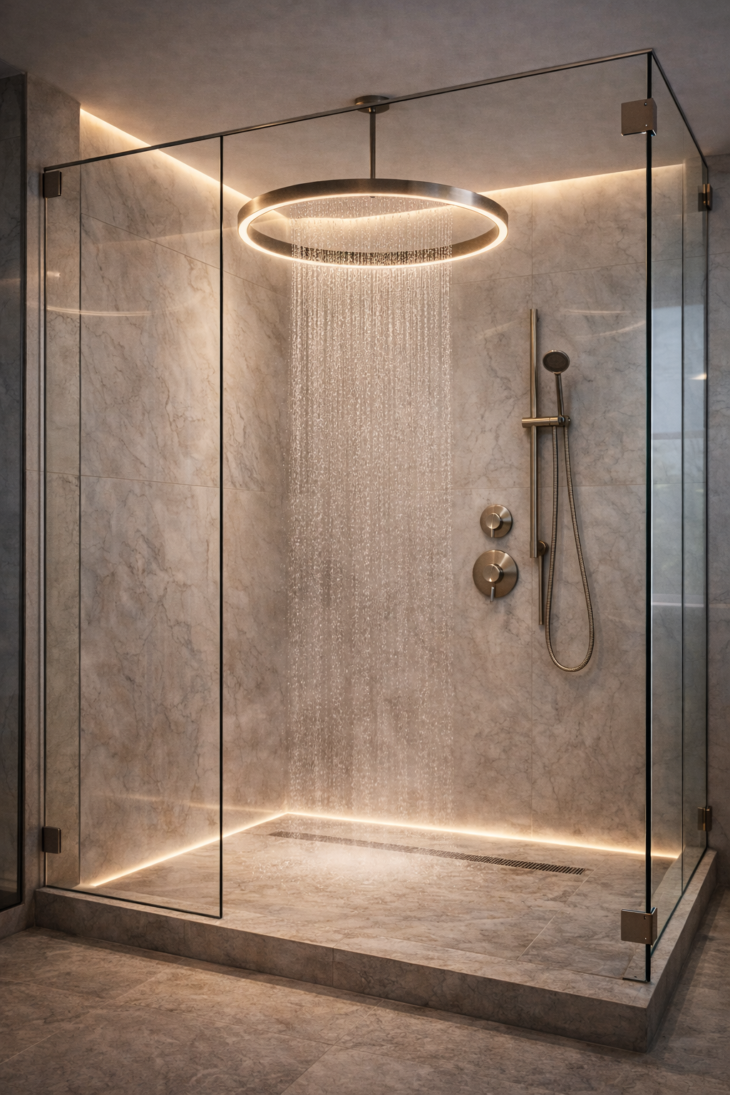 Modern bathroom with thermostatic shower panel installed in a clean architectural setting
