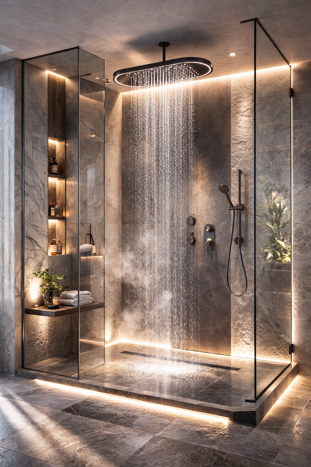 Luxury shower area with rainfall head and integrated body jets for a wellness-inspired bathroom